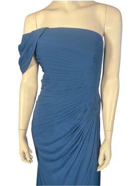 Ryanth Asymmetrical Off Shoulder Ruched Bodice Chiffon Evening Gown Blue 12 NWT
